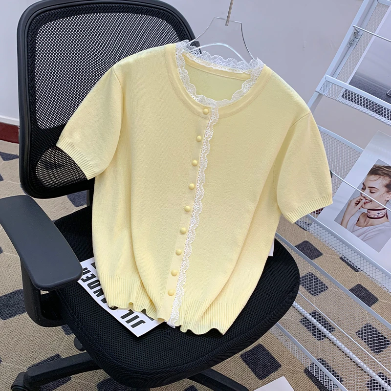 法式蕾丝边拼接圆领短袖针织衫女夏季洋气打底衫百搭休闲上衣