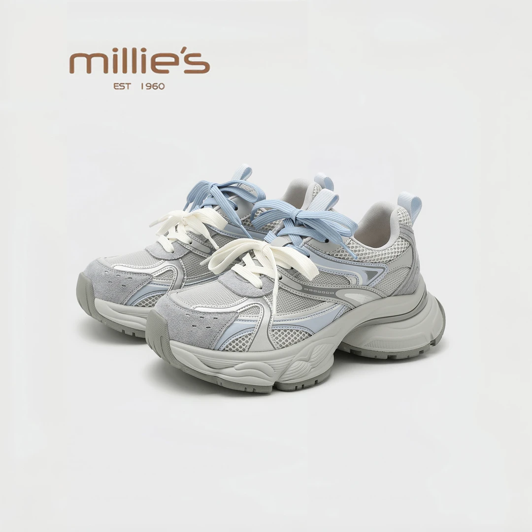 MILLIE'S/妙丽2025新款秋季透气网鞋老爹运动凉鞋网面厚底休闲鞋
