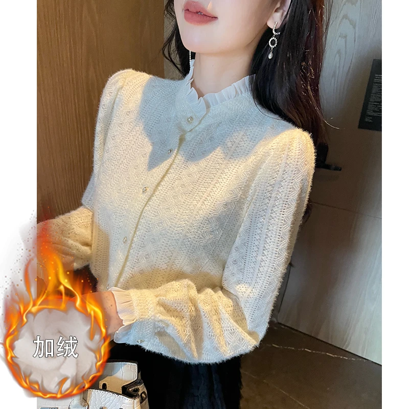 法式小香风蕾丝衬衫女2025新款秋冬季气质加绒内搭打底衫长袖上衣