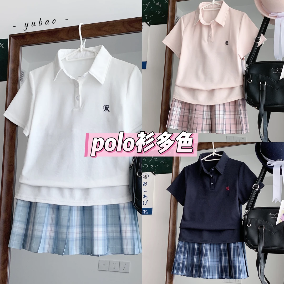 川岛琦原创日系通勤百搭polo衫夏季新品学院风收腰刺绣短袖上衣