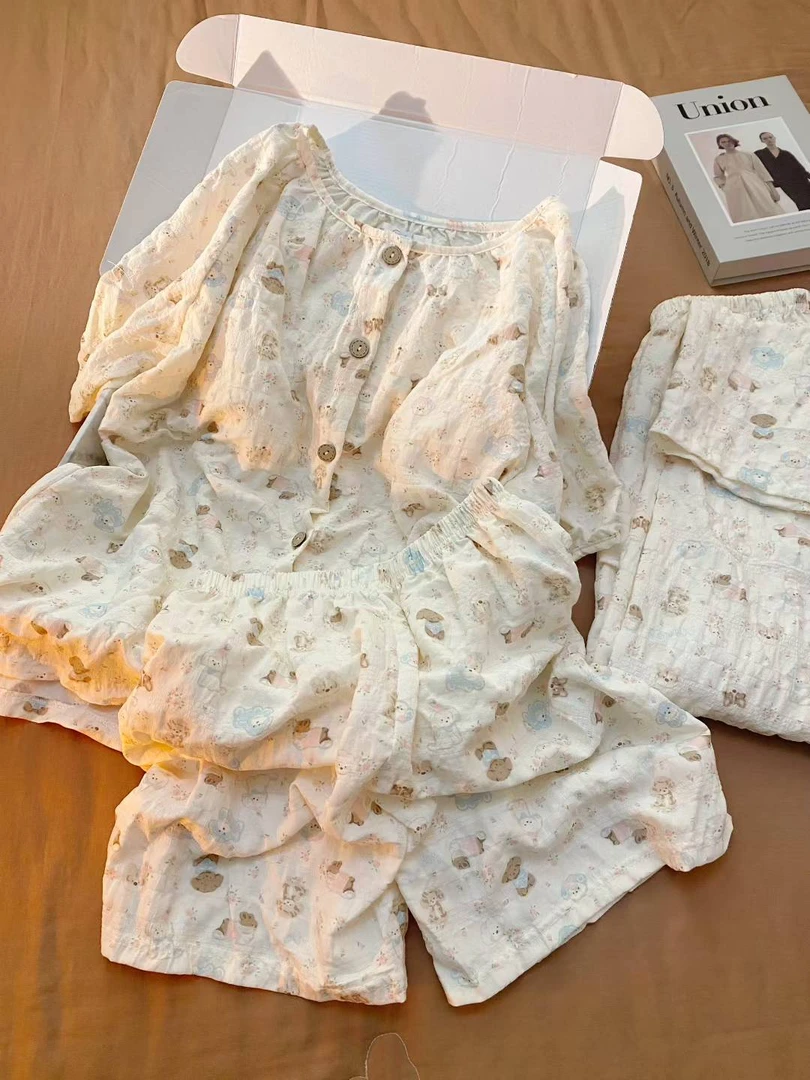 【带胸垫三件套】夏季短袖睡衣女可爱卡通学生家居服少女心