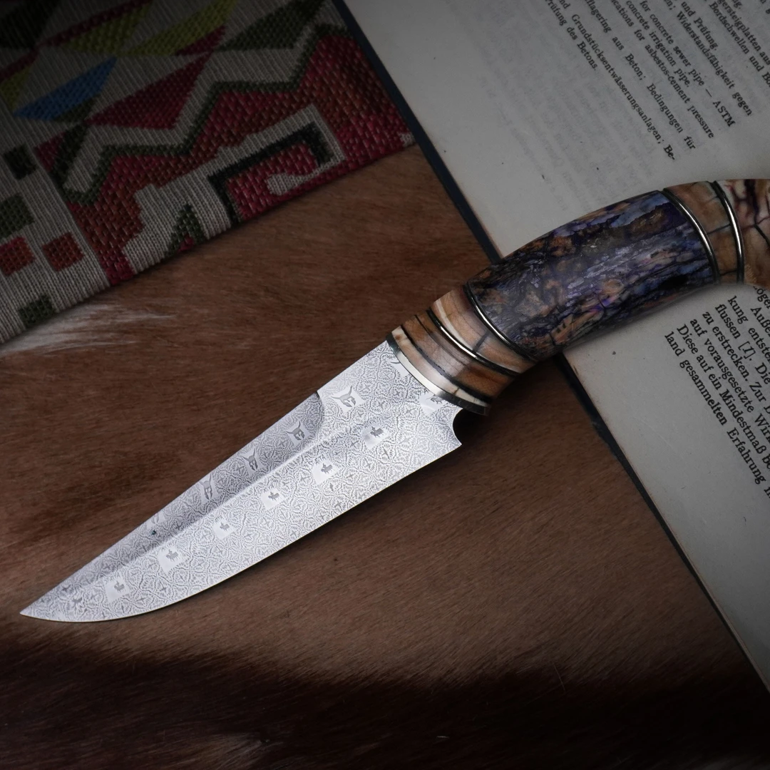 留金艺术拼接马赛克大马士革钢户外多功能水果刀