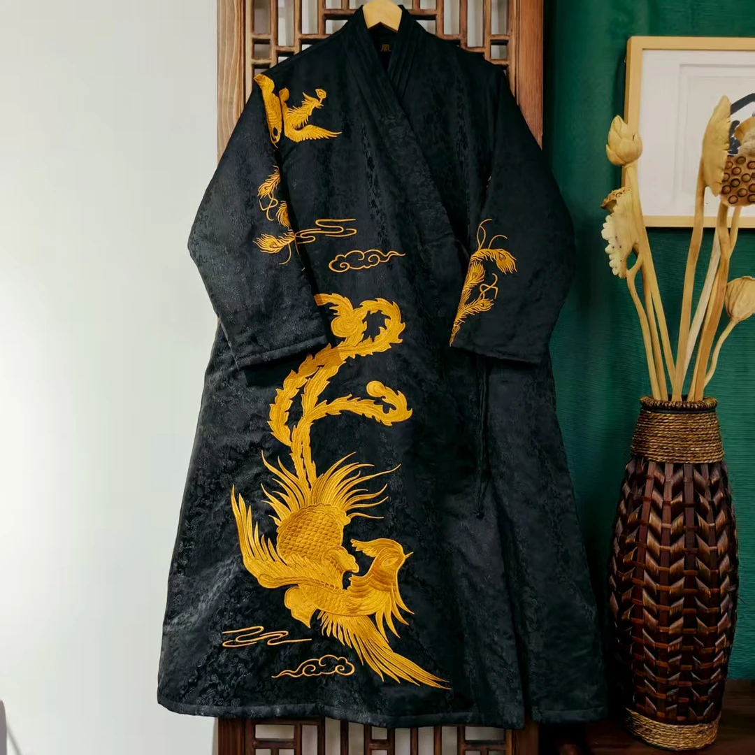 棉（LS441-9）凤徕兮私人定制黑色提花底黄凤刺绣斜襟系带棉服（棉）