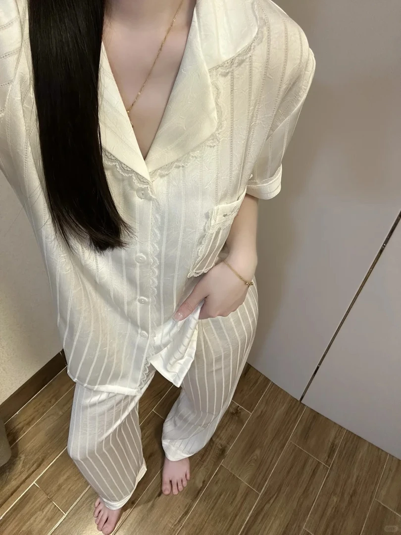 【极简白月光】纯欲蕾丝边冰丝短袖睡衣女夏季新款套装显瘦家居服