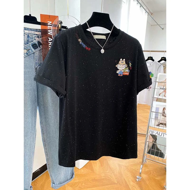 2025新款韩系纯棉设计感刺绣款短袖T恤女夏季时尚点点宽松上针织