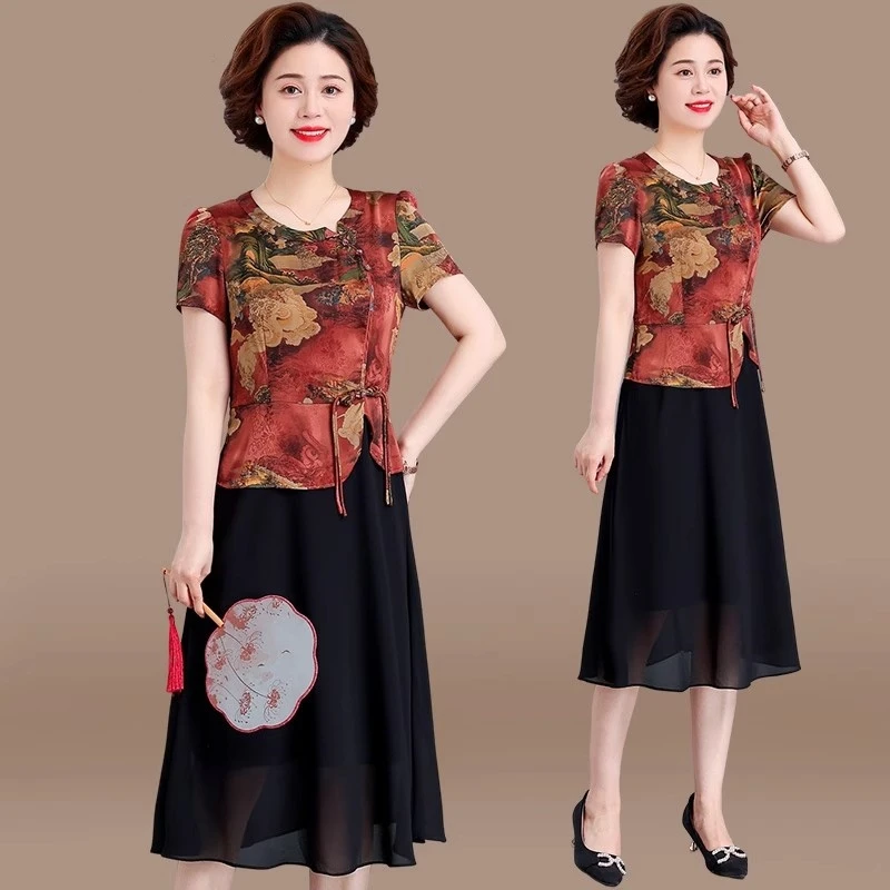 妈妈夏装连衣裙中年洋气短袖2025新款中老年女装夏季雪纺旗袍裙子