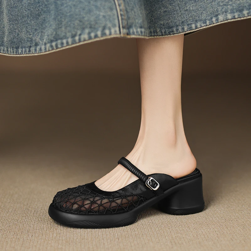 轻奢鞋子时尚复古夏季必备！透气软底高跟厚底包头拖女鞋，羊皮帮面