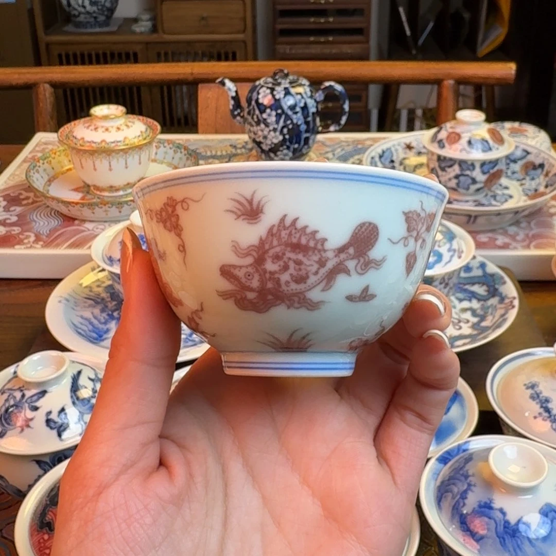 杯重工瑜器鱼藻点工杯纯手绘