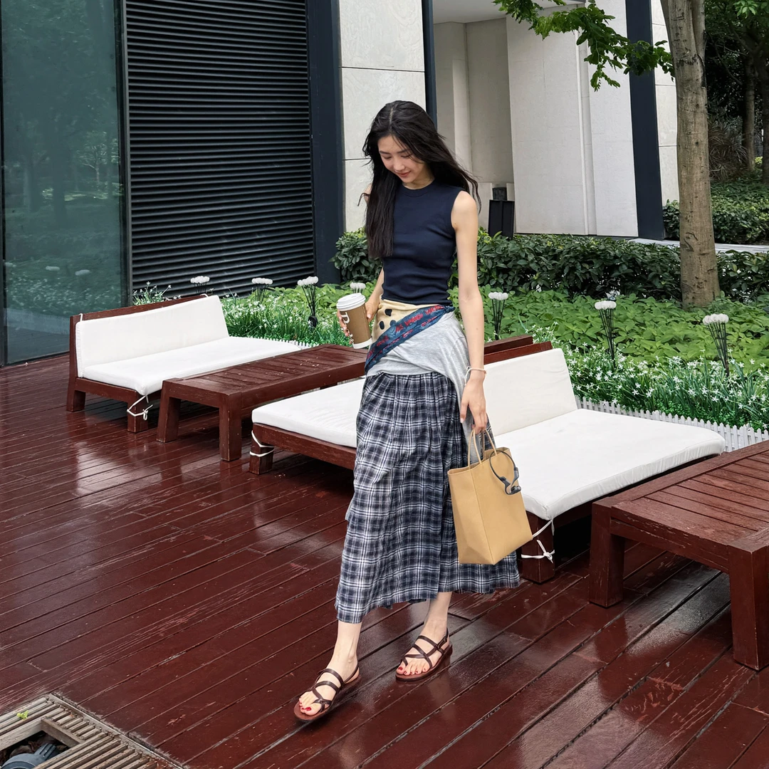 ROMI STUDIO 经典复古 | 夏季轻薄棉百褶格纹半身裙 RWCRXM3883