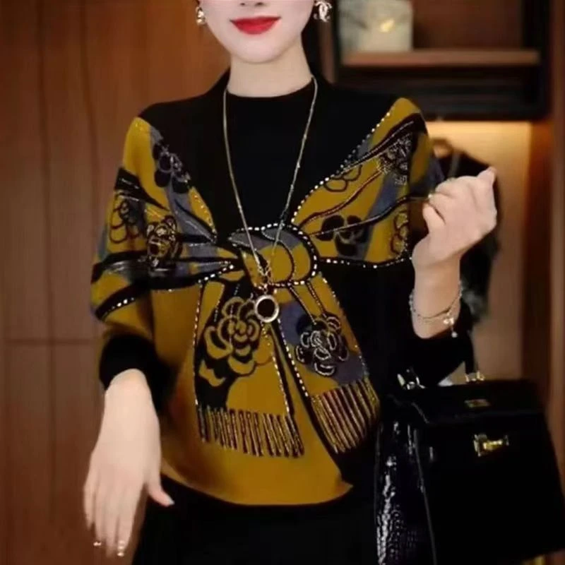 时尚设计款拼色印花德容女秋冬新款宽松显瘦减龄百搭打底衫女上衣