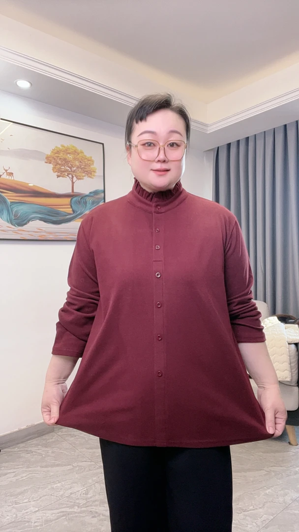 法式木耳花边领纯色宽松休闲单排扣百搭加厚妈妈绒衫打底衫