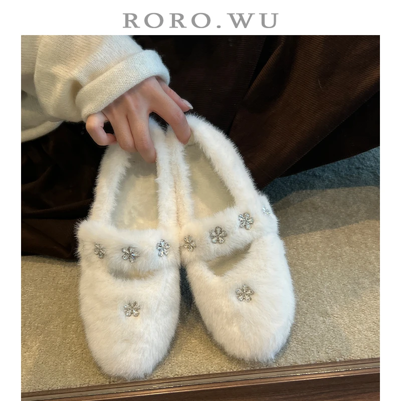 娆娆吴·法式加绒保暖一字带玛丽珍鞋冬季新款粗跟浅口单鞋女K08