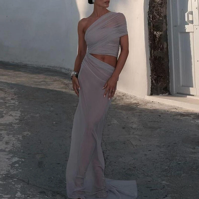 欧美网纱漏腰斜肩度假连衣裙2025夏季新款性感女装