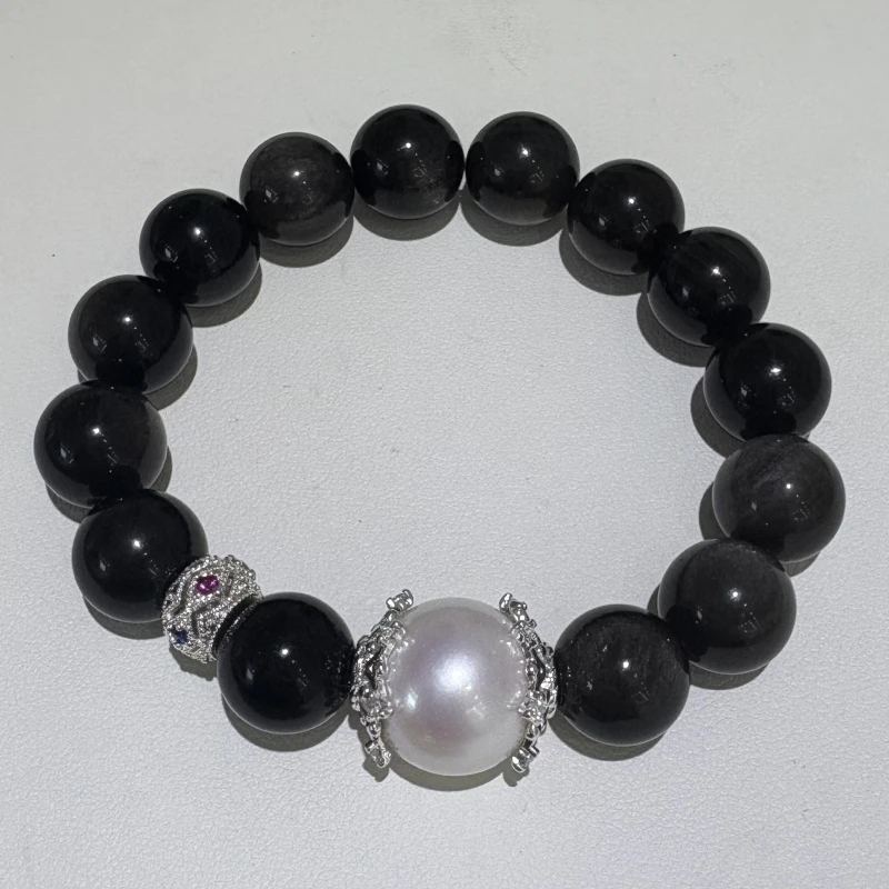 mmmm/金魅淡水白珠12-13mm珍珠 银曜石手串