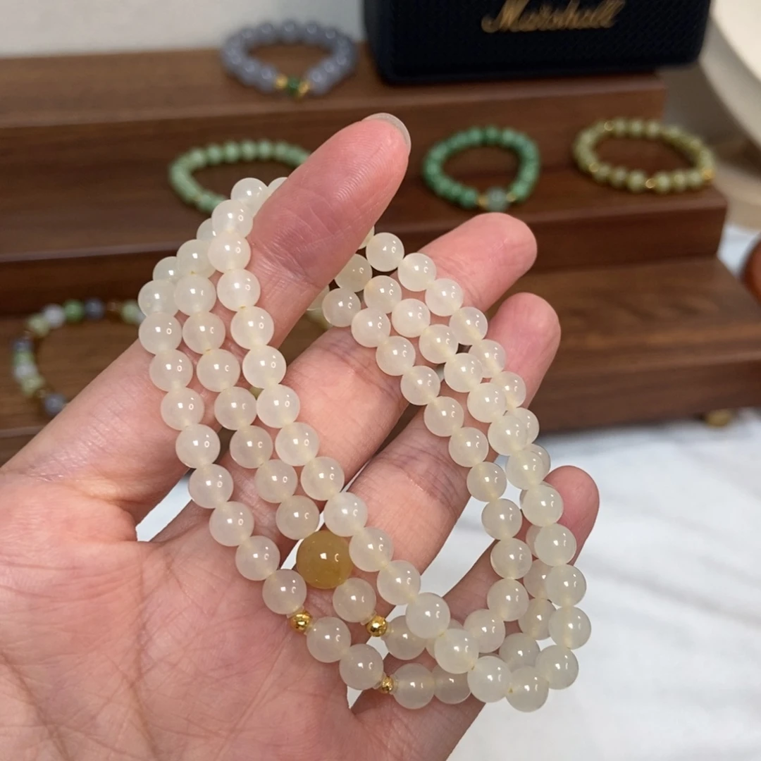 和田玉18K金镶嵌手链蜂蜜水6mm高冰底三圈