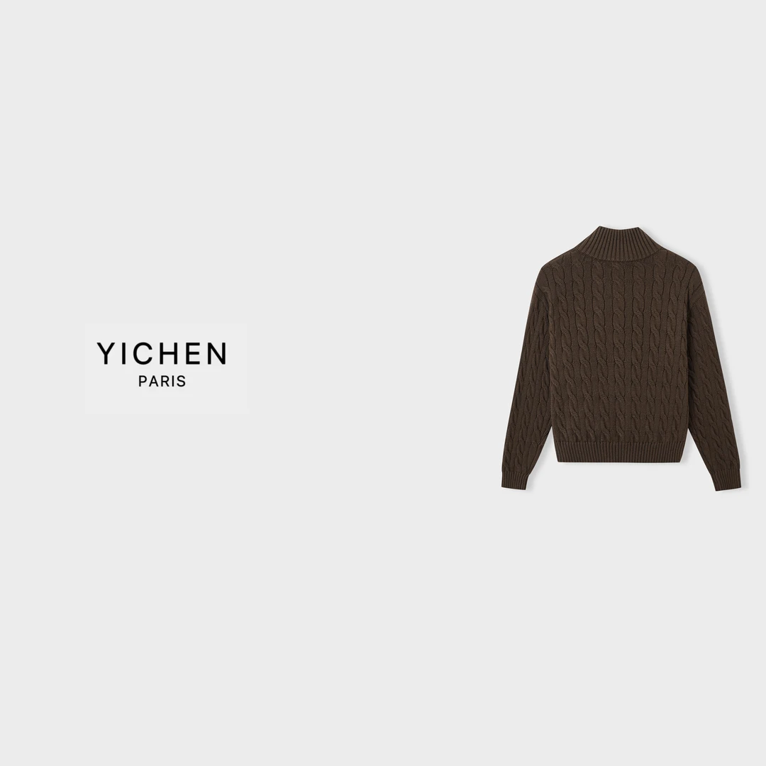 YC 巧克力色 R L 双绞花半拉链羊毛毛衣-6423