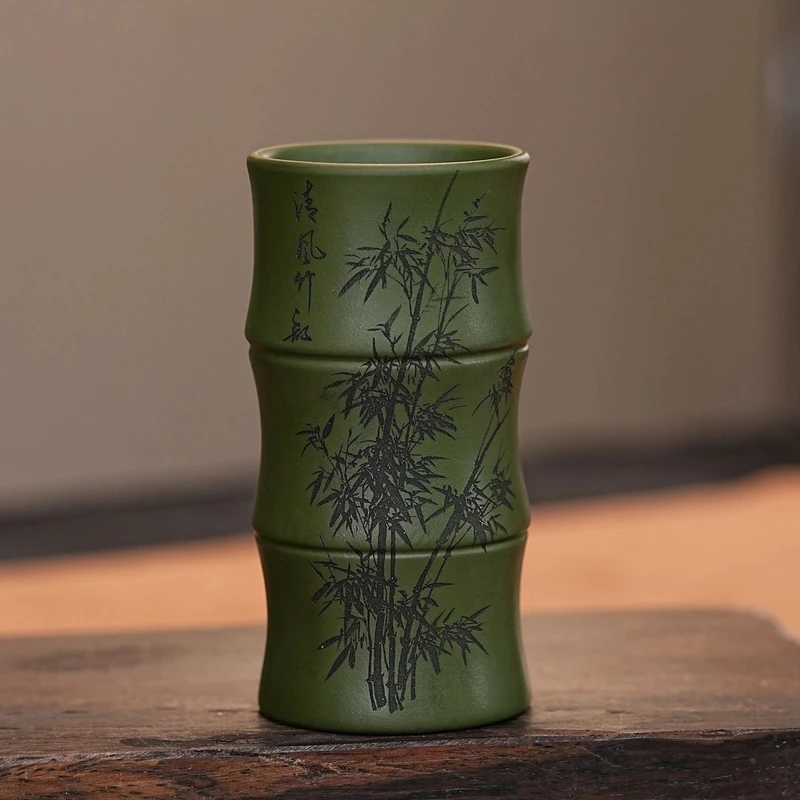 【2564竹节杯】宜兴原矿紫砂手工刻绘竹子主人杯 清风竹节杯