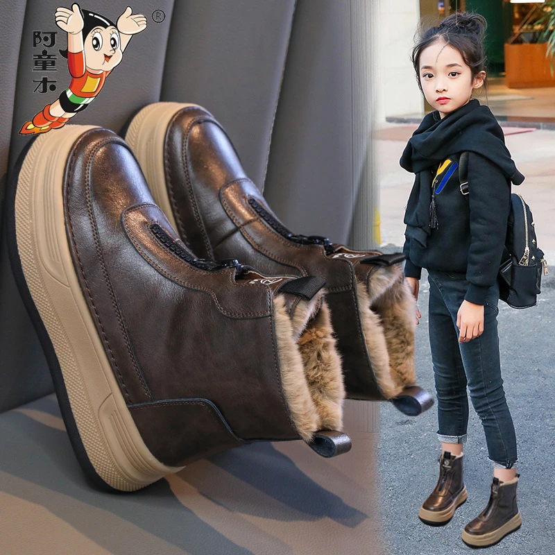 阿童木女童雪地靴2025冬季新款中大童大棉鞋加绒防水女孩洋气短靴