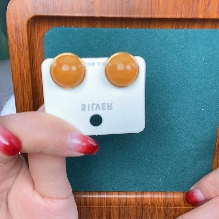 蜜蜡耳饰银S925镶嵌耳钉