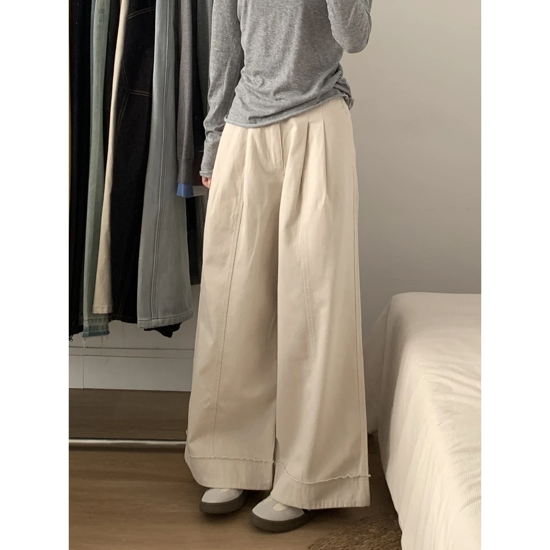 慵懒松弛感卷边阔腿休闲裤女秋冬季高腰宽松显瘦百搭直筒拖地裤子