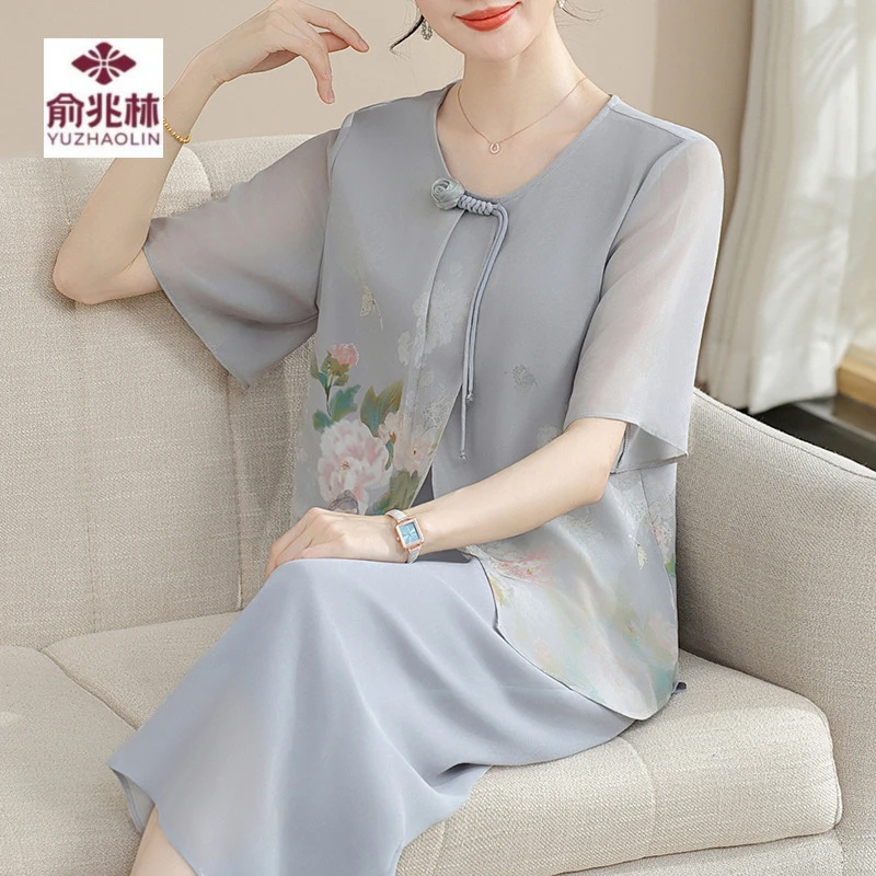 妈妈端庄大气套装夏装雪纺衫2025新款中老年女装夏季短袖小衫上衣