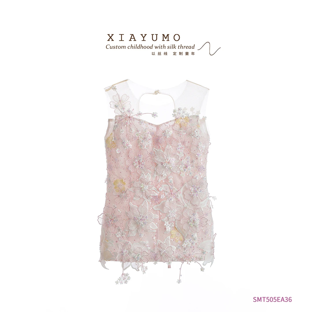 夏羽墨夏季新款粉色无袖花朵网纱碎花女童公主时尚甜美气质上衣