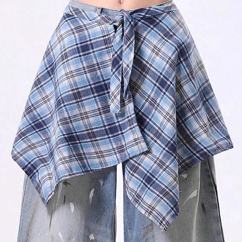 卫衣t恤叠穿神器格子遮屁帘男一片式系带藏肉半身裙下摆女春夏季