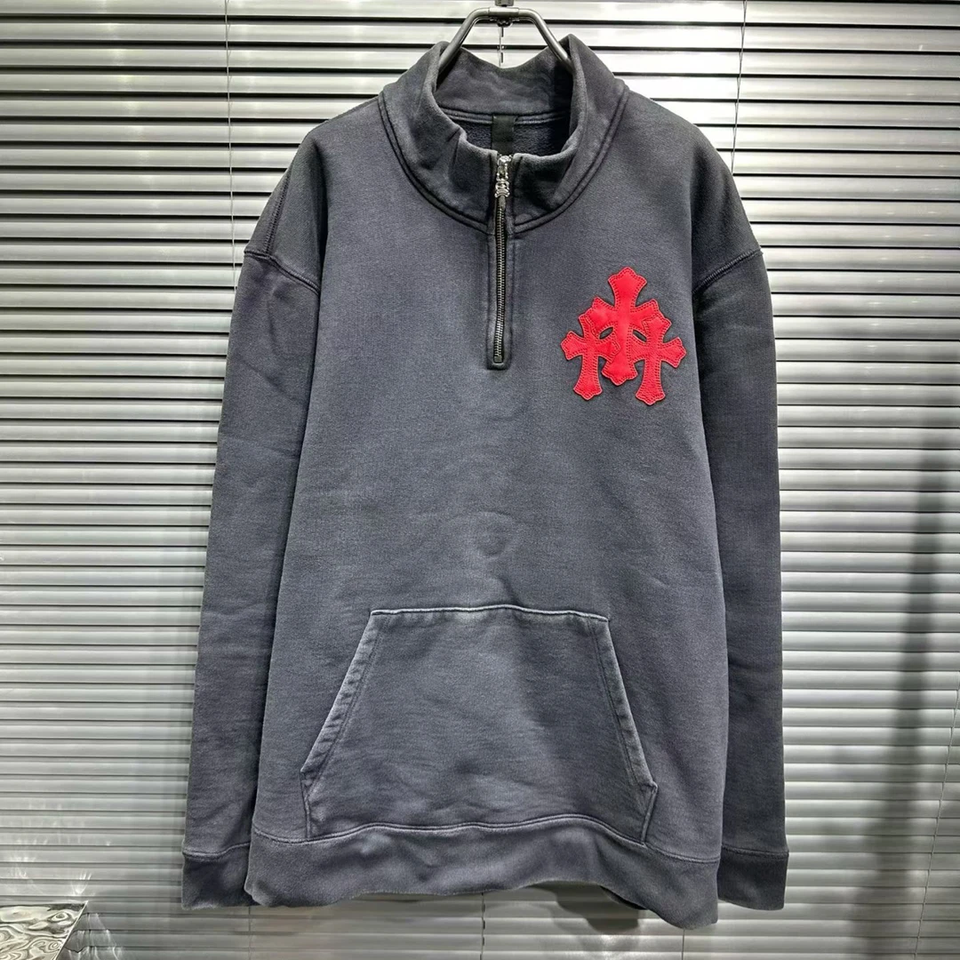 99新 Chrome Hearts/克罗心 红色三十字拼皮 做旧半拉链卫衣 xl码