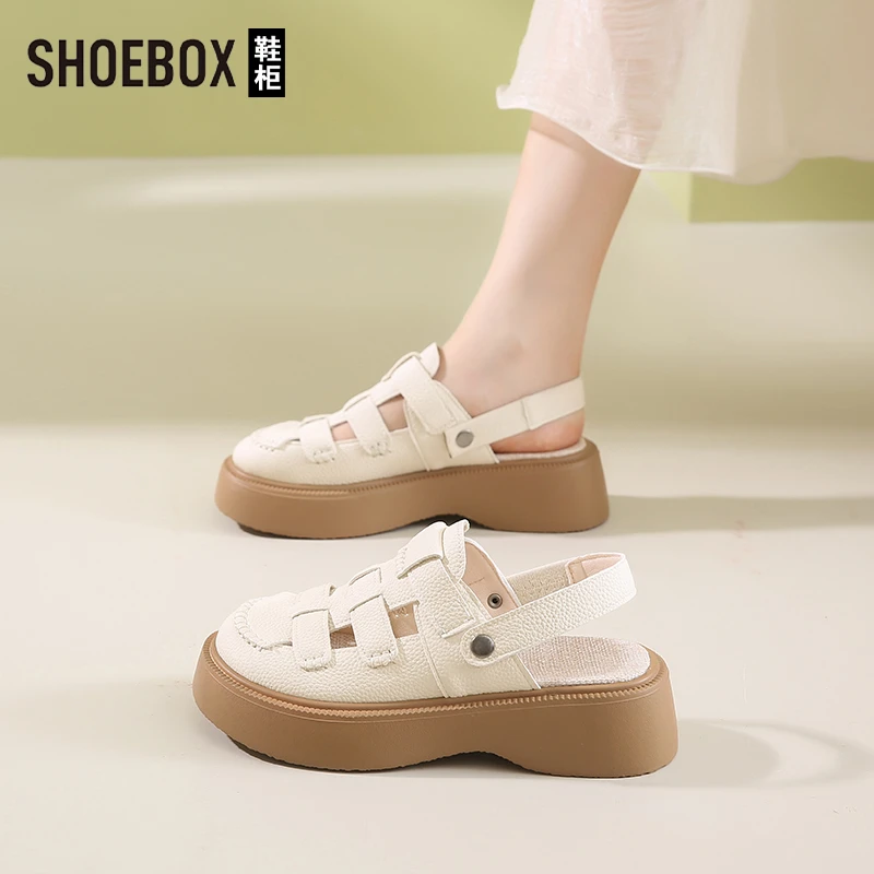 SHOEBOX鞋柜百搭罗马凉鞋女2025新款夏外穿厚底包头透气洞洞拖鞋