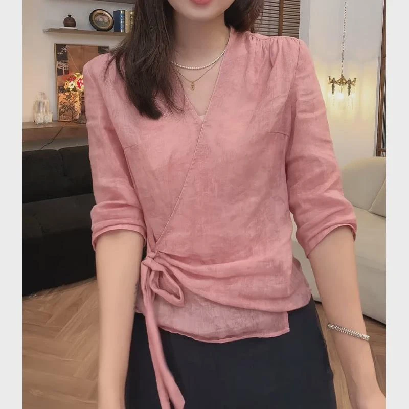 高级粉色苎麻衬衫女秋季2024新款高端亚麻衬衣设计感绑带棉麻上衣