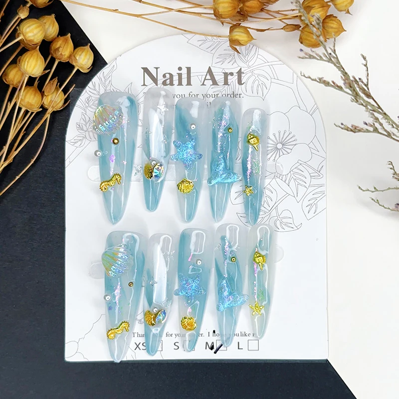 御甲彩纯手工蓝色海洋长款穿戴甲高级感2025新款夏季显白美甲贴片