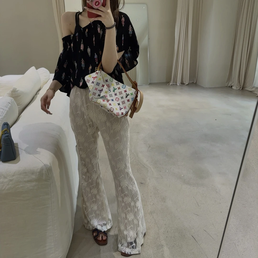 IU INC 蕾丝复古复古长裤遮肉窄版直筒裤