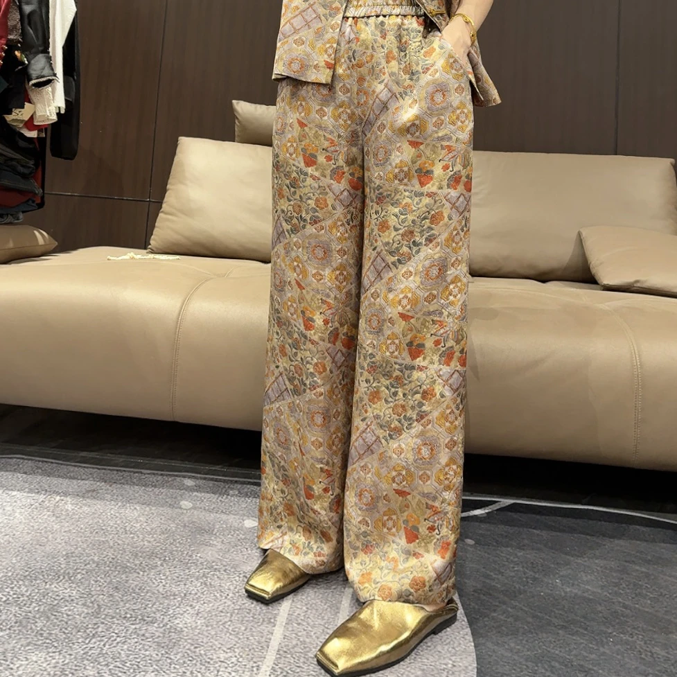 春季新中式五彩斑斓碎花显瘦直筒阔腿裤