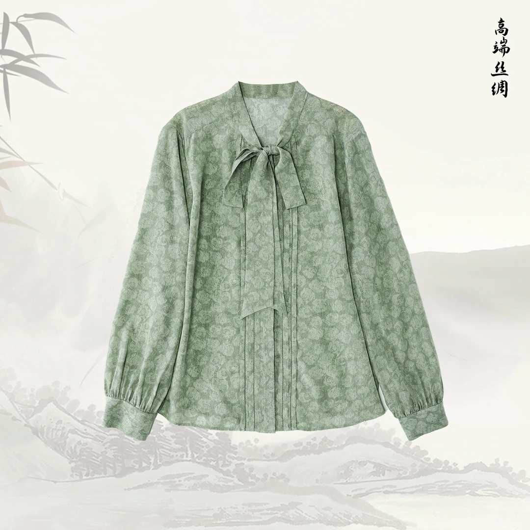 【青荷】品牌新款桑蚕丝气质系带领宽松衬衫51621