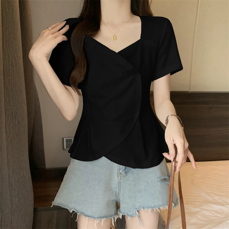 ~现货大码不规则褶皱花朵设计感T恤女胖小众遮肉显瘦百搭夏季黑色