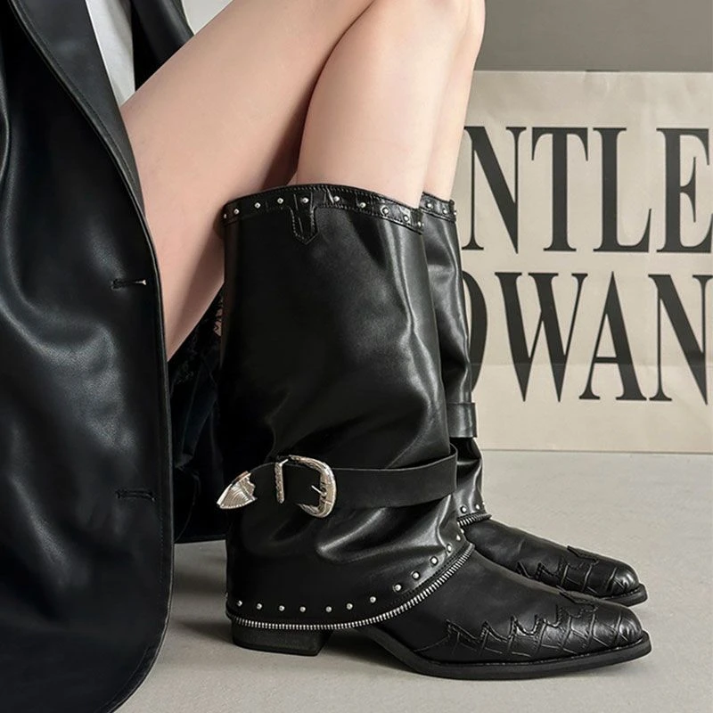 时尚百搭休闲设计感铆钉西部骑士短靴女2025新款夏复古显瘦马丁靴