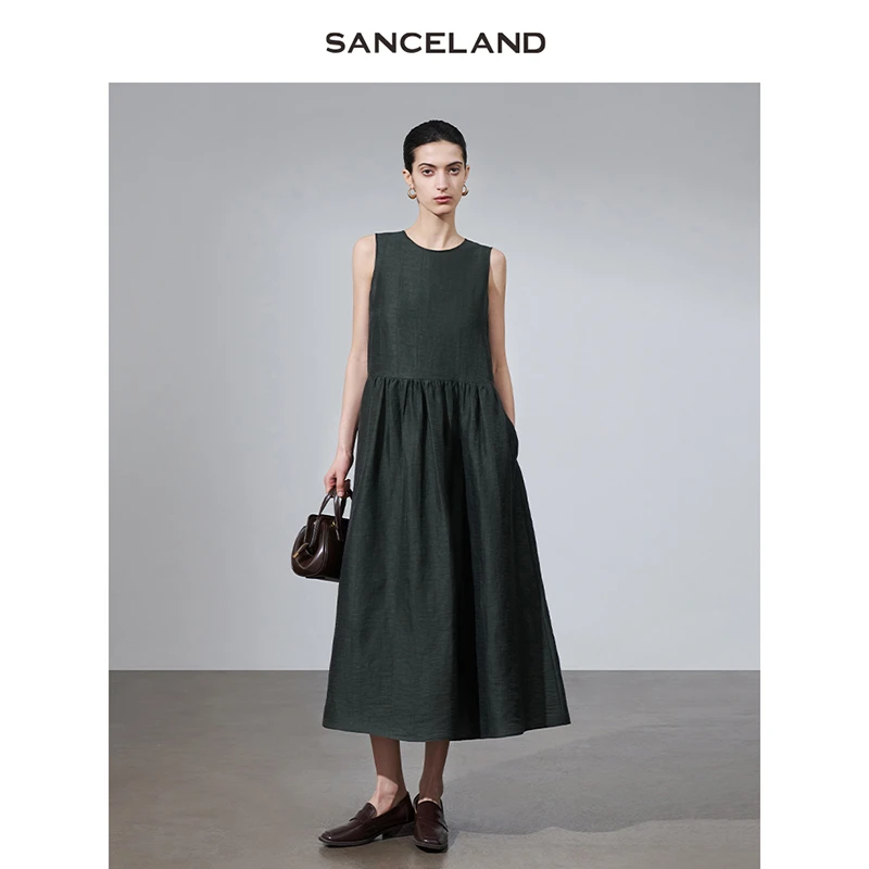 SANCELAND三石一澜夏新款亚麻简约圆领无袖连衣裙SJ24104102