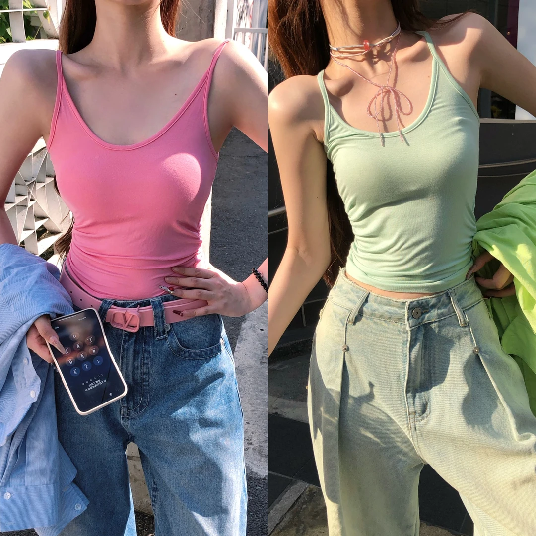 婉君【盛夏花季】修身外穿百搭设计纯色背心吊带LWJ24B2T1054