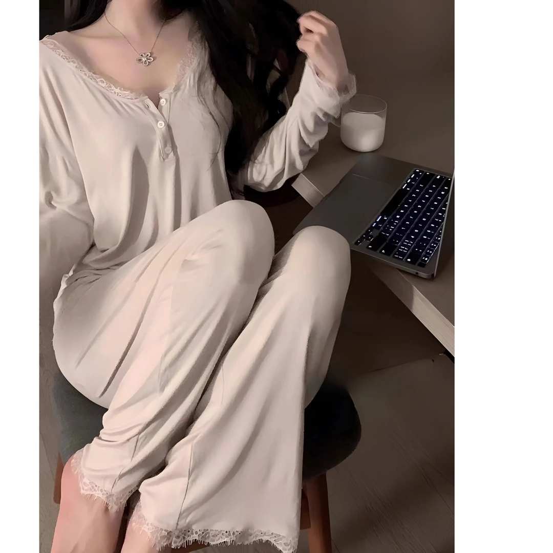 超舒服代尔棉舒适柔软蕾丝V领纯欲气质睡衣女春秋时尚家居服套装