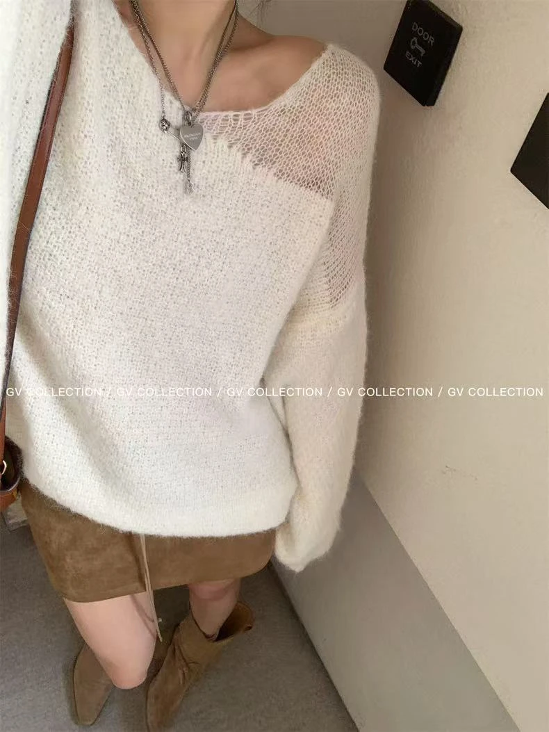 【雾感镂空】不规则设计感宽松套头毛衣慵懒高级感外穿#8620