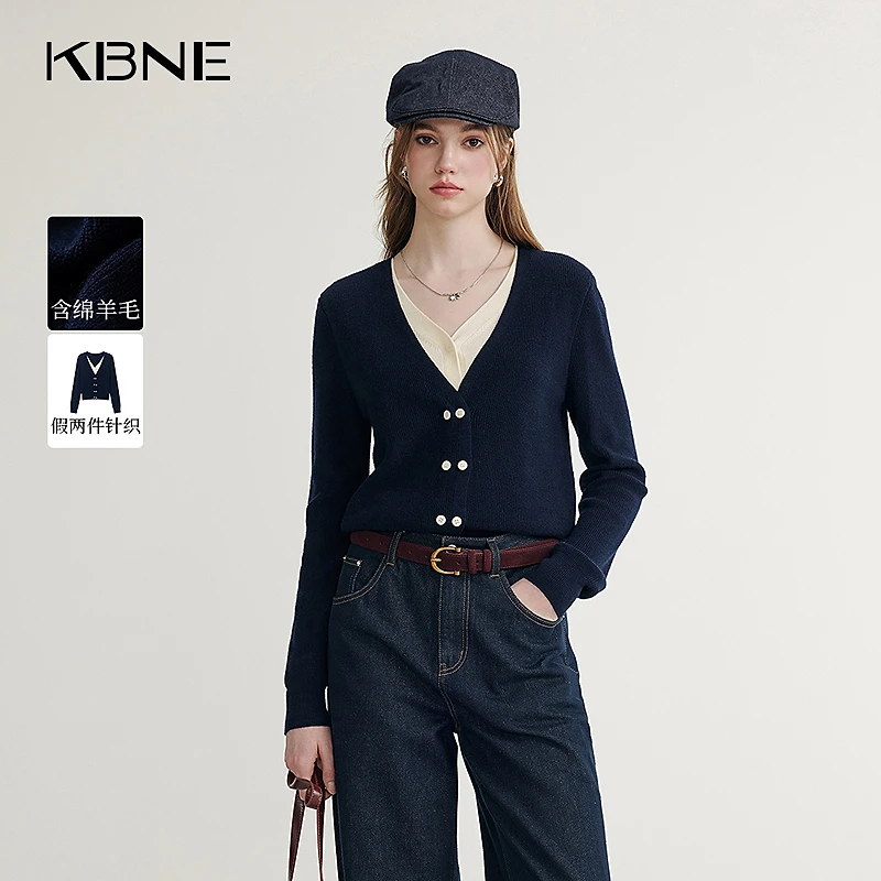 KBNE假两件针织上衣女2025新款学院风复古撞色针织衫开衫时髦洋气