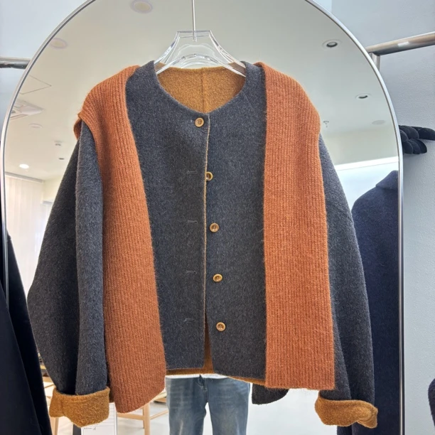 橘子家韩版单排扣慵懒风斗篷宽松显瘦圆领短款女大衣日常通勤适用