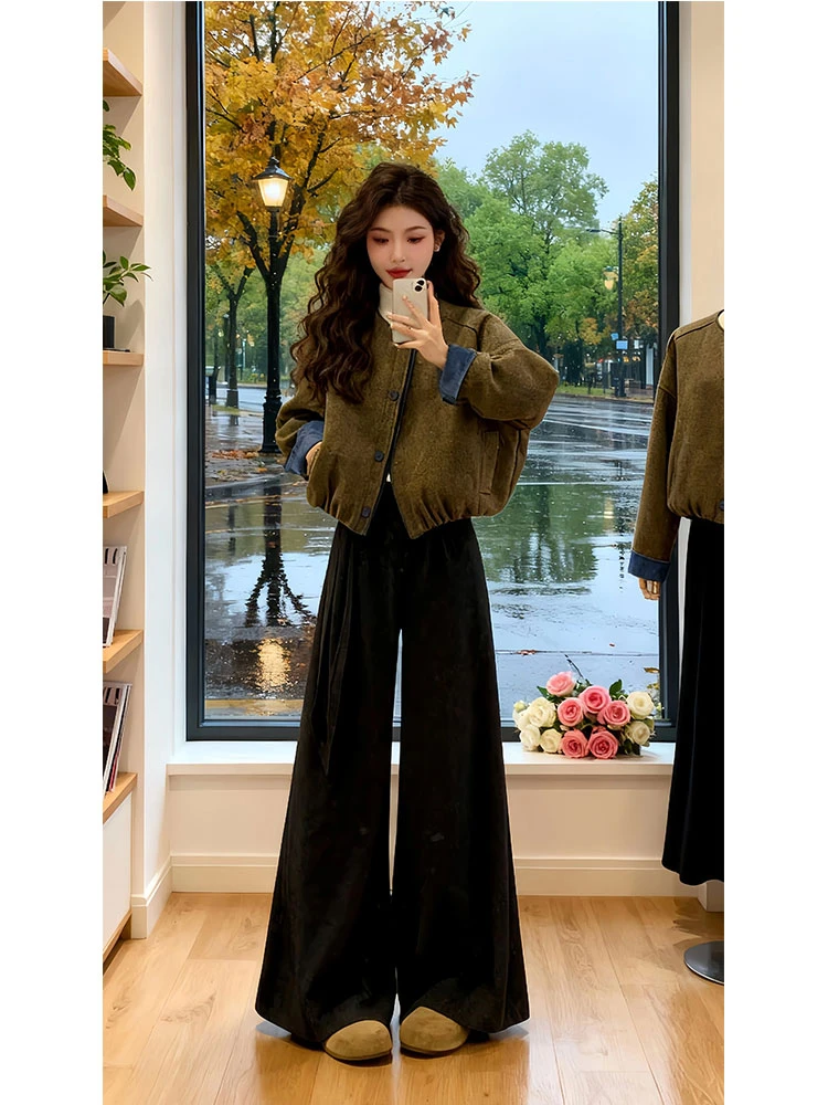韩系松弛感慵懒风穿搭一整套早秋新款拼色短外套上衣阔腿裤两件套