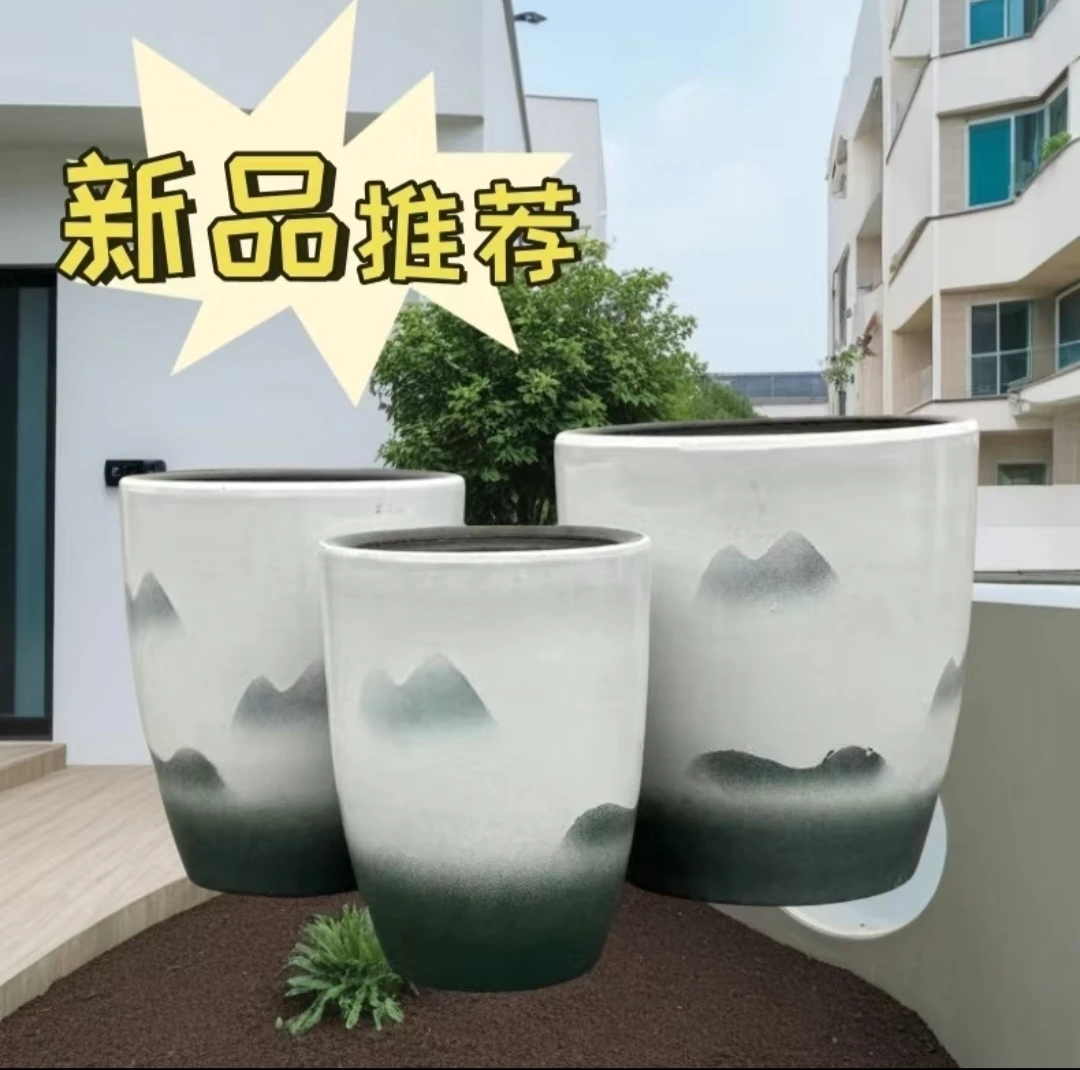 新中式风格百搭中式山水画陶瓷花盆手工客厅发财树散尾葵花盆包邮
