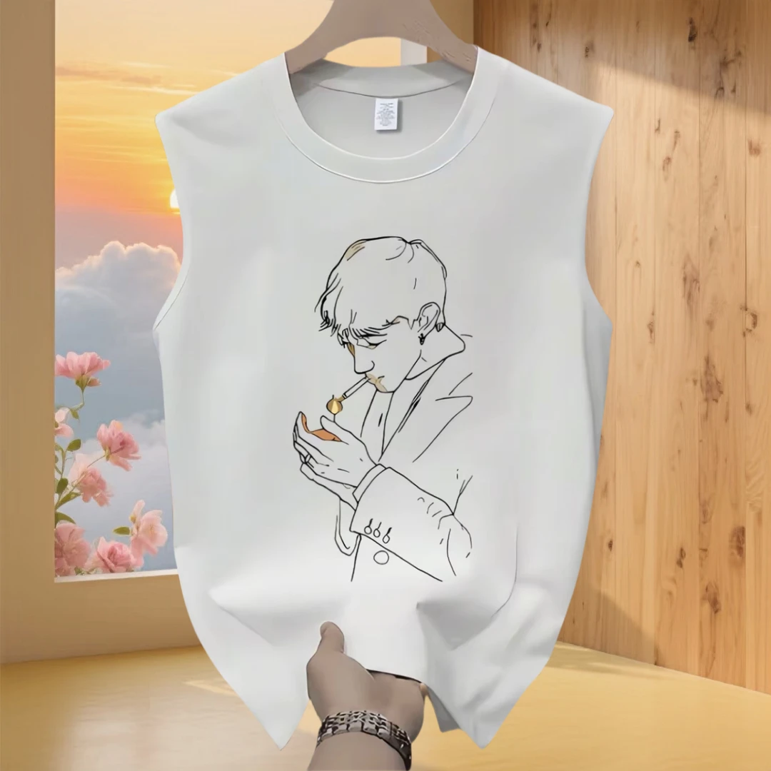 线条男人 夏季潮牌圆领无袖背心男款美式坎肩创意印花纯棉男士