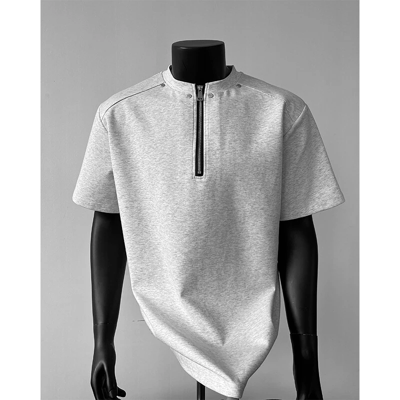 cleanfit半拉链柳钉设计潮牌短袖男夏季美式高街重磅boxy半袖t恤