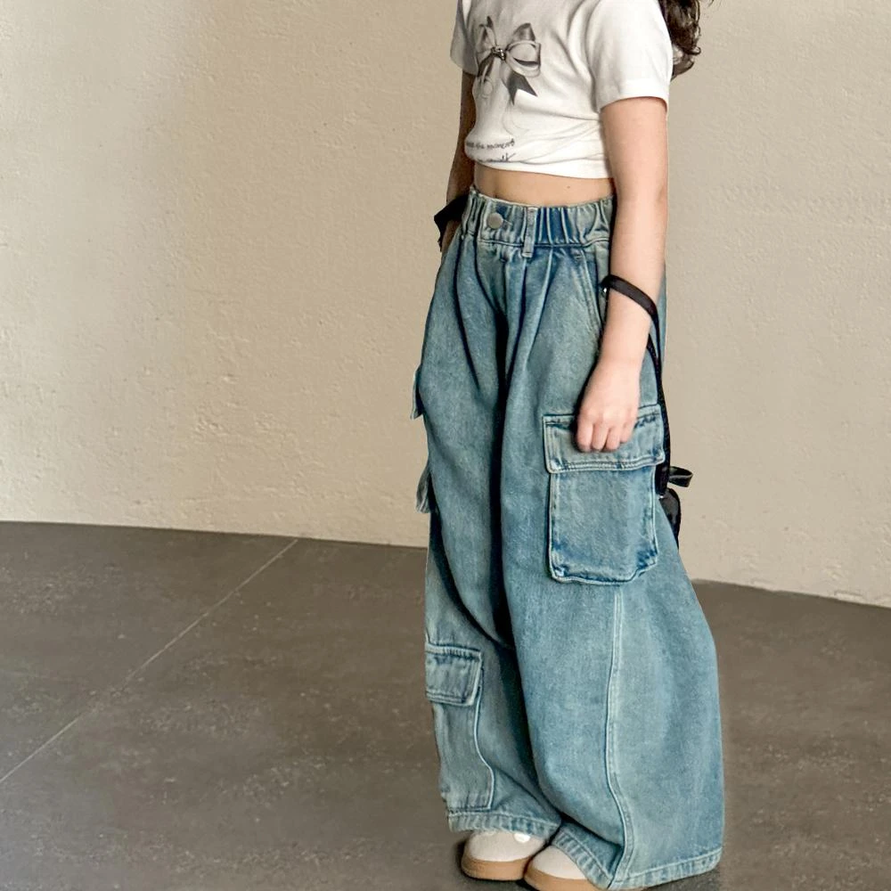 韩版童装女童牛仔裤2025春装新款大童时髦酷帅炸街洋气工装裤