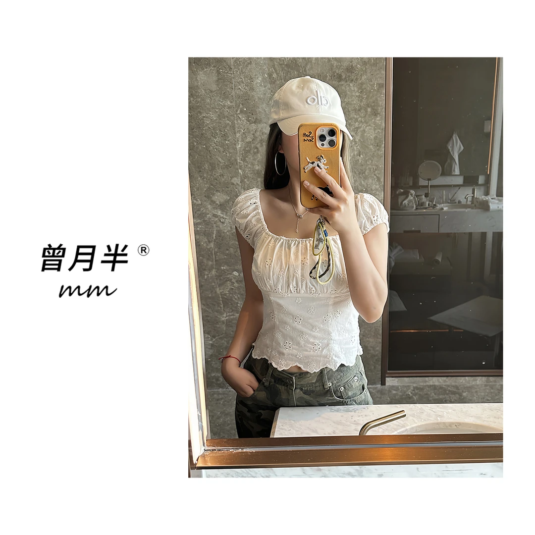 曾月半《like珍妮》夏季纯棉手工打揽泡泡袖提花上衣！ZS1140