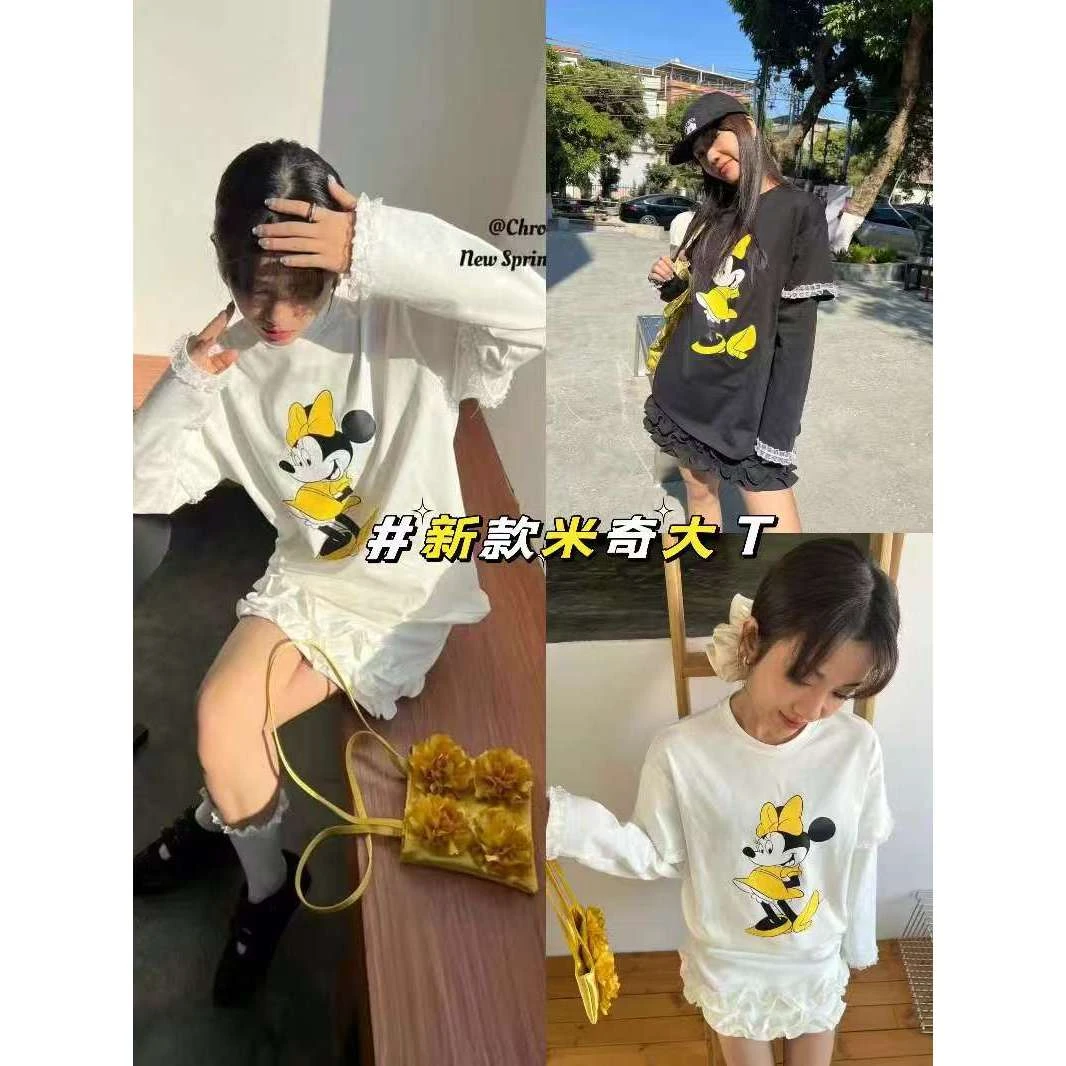 【发发推荐】米奇印花假两件长袖T恤显瘦遮屁股 8615