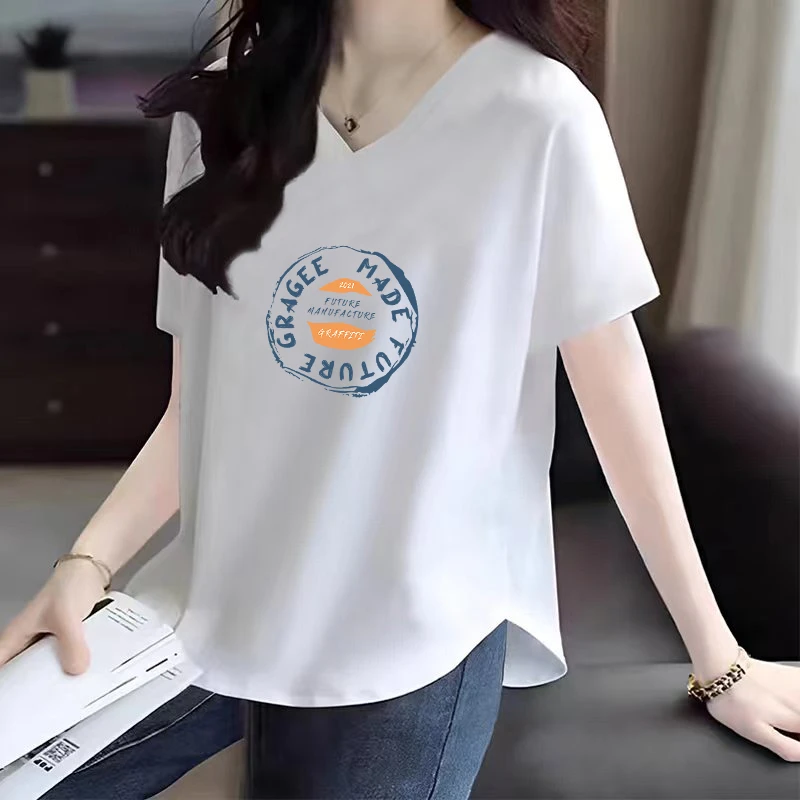夏季新款圆弧下摆纯棉短袖圆领T恤女士休闲宽松显瘦时尚百搭上衣T
